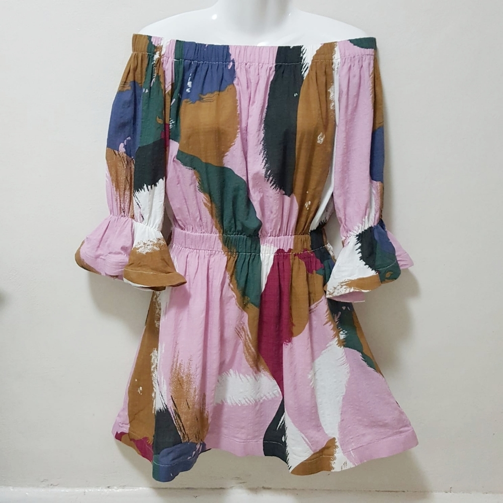 LATISTE Dress Off shoulder Bell Sleeves Texture Boho Abstract Print S